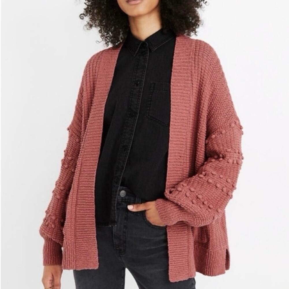 MADEWELL Women's M Bauble Pom Pom Cotton Knit Cardigan Sweater Dusty Rose Boho